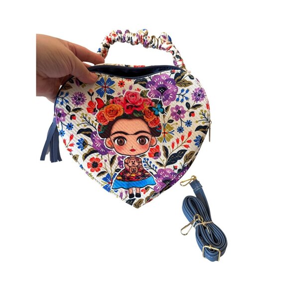 Frida Kahlo purple floral heart shape crossbody handbag women medium - Picture 11 of 11